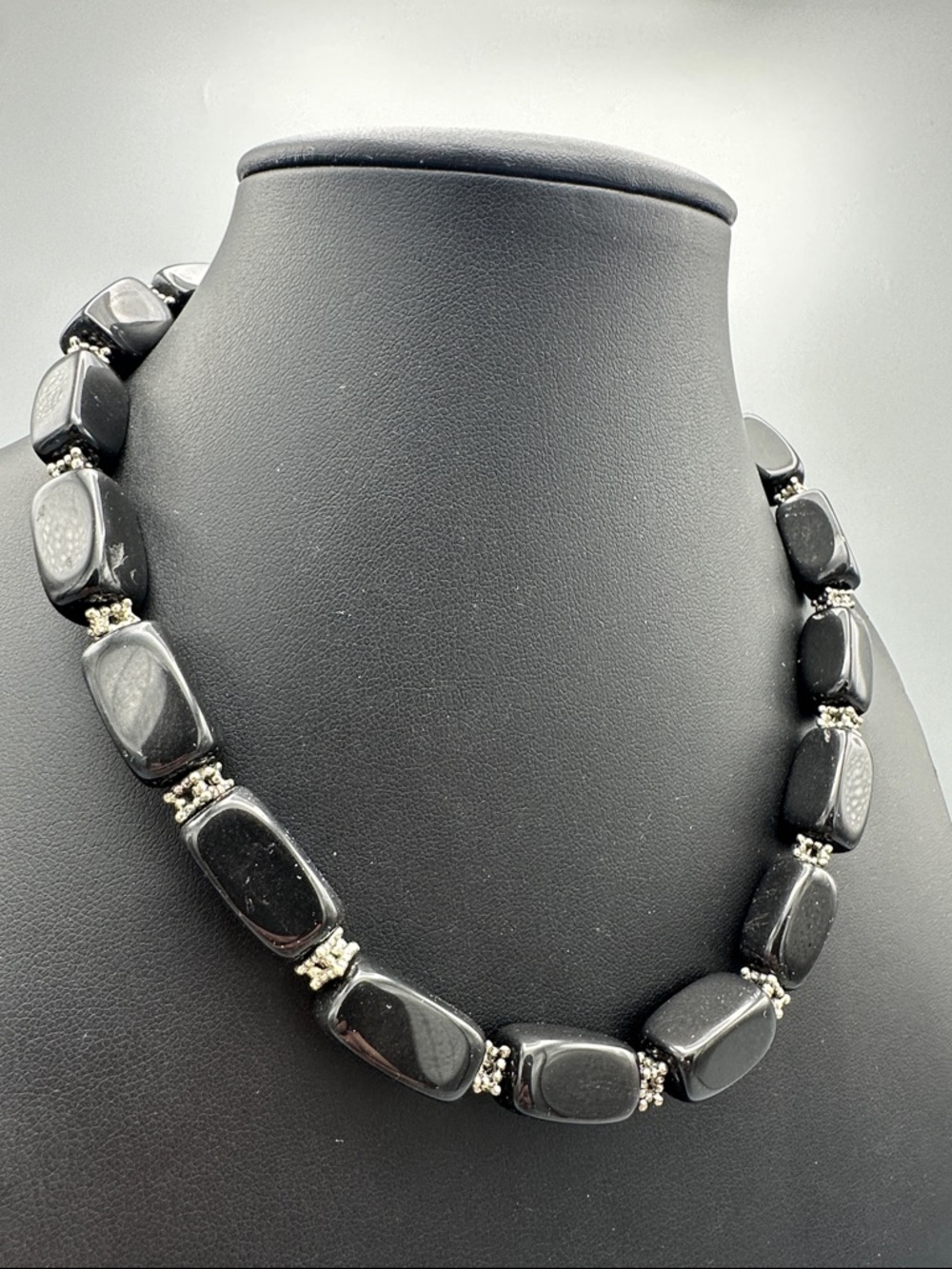 Black Stone Bead Necklace with Silver Accents - Picture 2 of 3